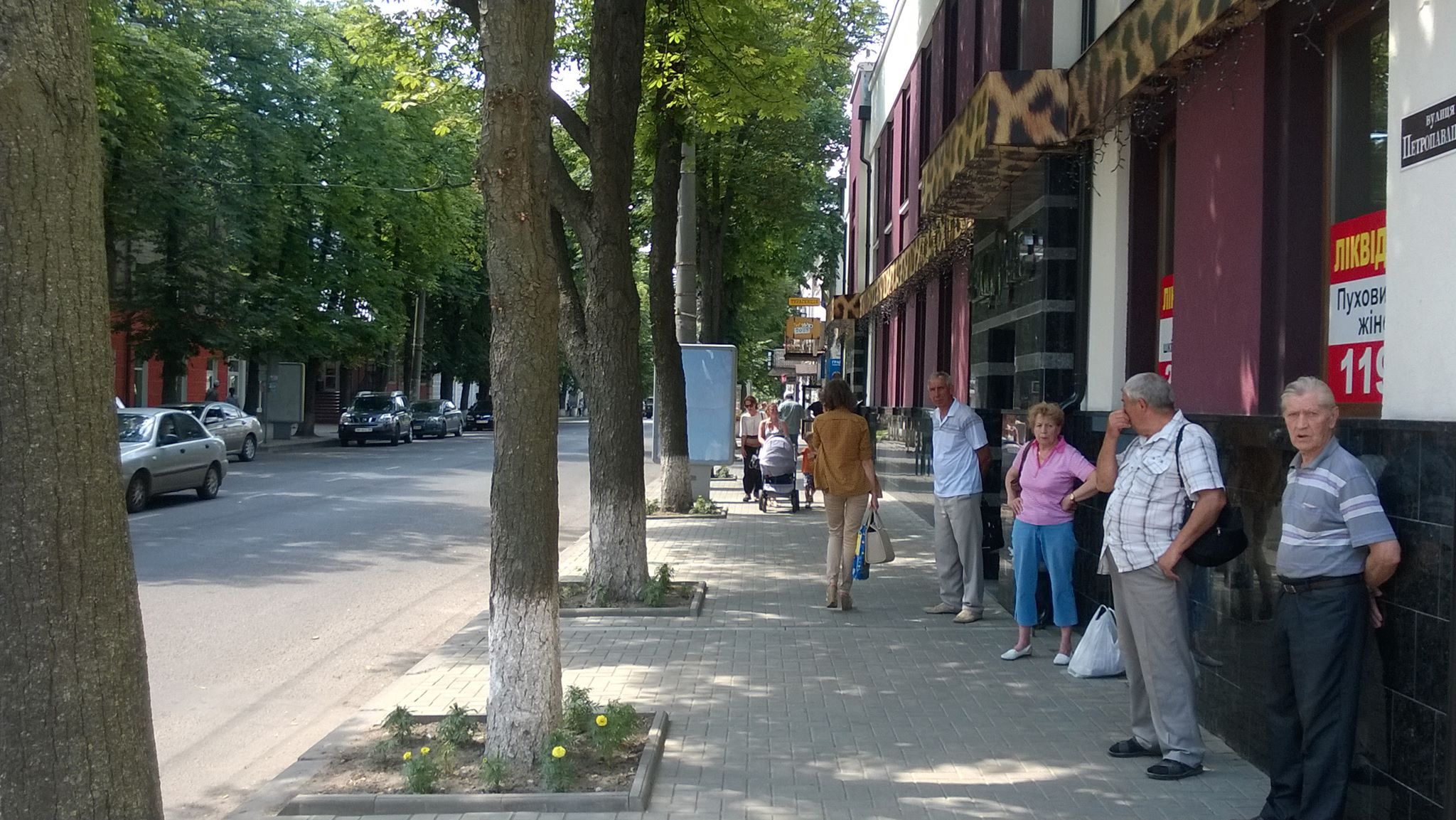 Пасажири ховаються від сонця під деревами поруч скляної зупинки Пасажири ховаються від сонця під деревами поруч скляної зупинки